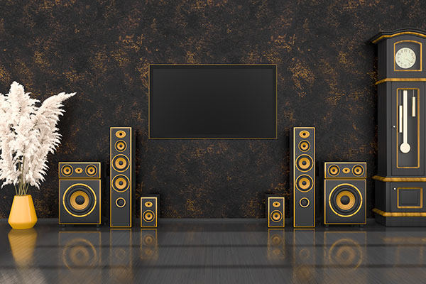 black interior with modern design black and yellow speaker system, antique clock and TV, 3d illustration